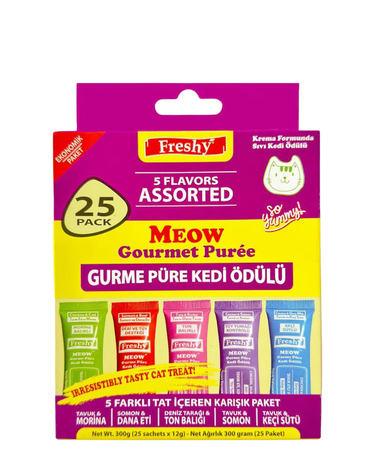 5 Farklı Lezzette Sıvı Krema Kedi Ödülü Karışık Paket Freshy Meow Gurme Püre 25 Adet