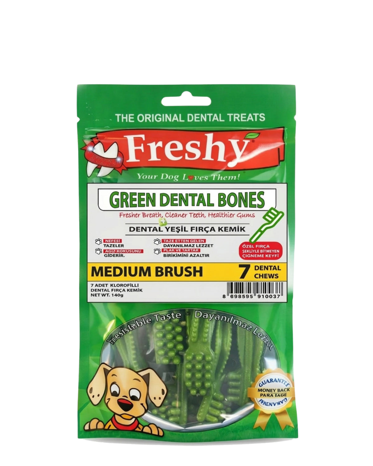 Ağız Kokusu Önleyici Klorofilli Diş Fırçası Şeklinde Köpek Ödülü Orta Boy Freshy Green Dental Bones 7 Adet