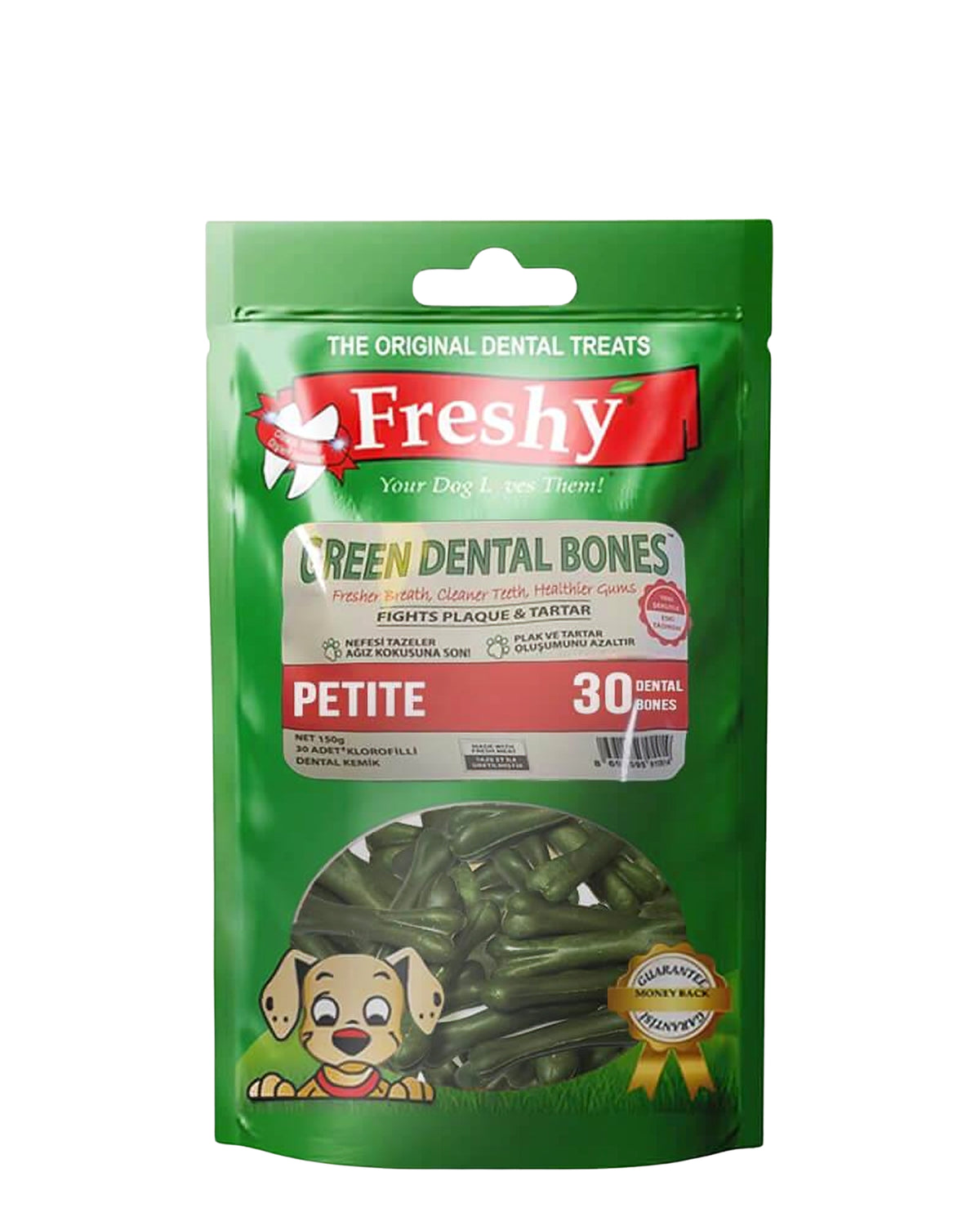 Ağız Kokusu Önleyici Klorofilli Kemik Şeklinde Küçük Irk Köpek Ödülü Freshy Green Dental Bones Petite 30 Adet