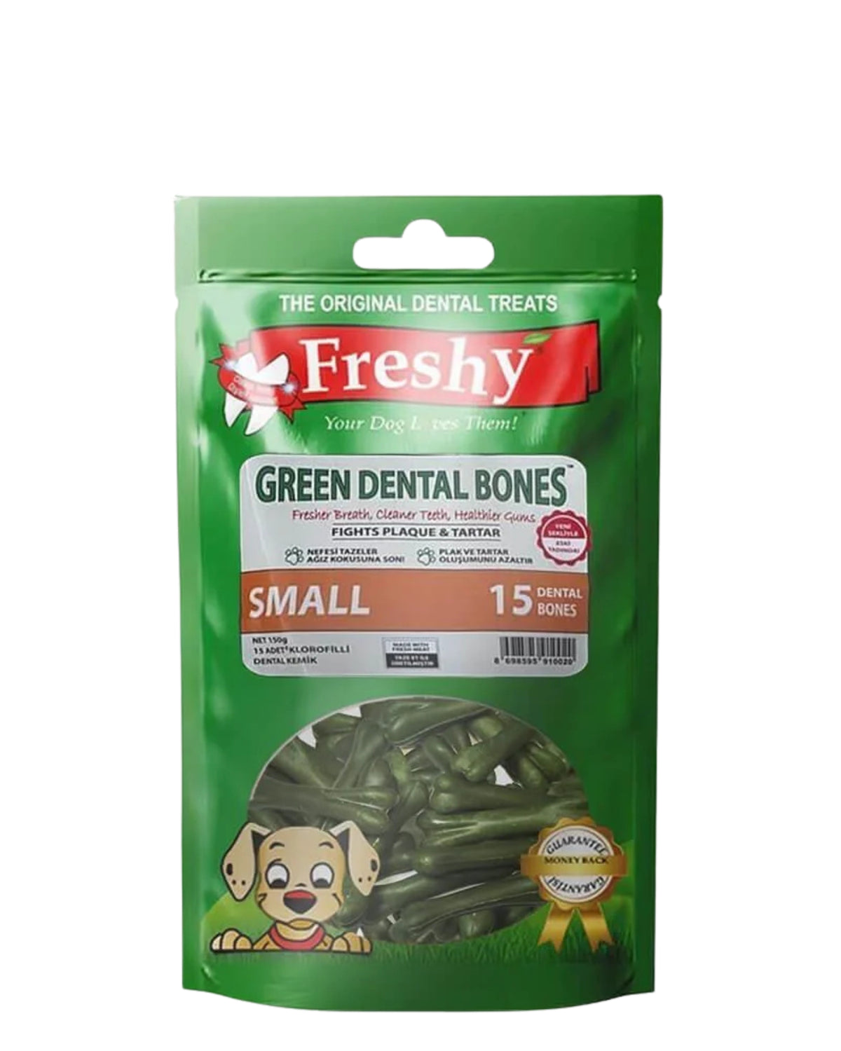 Ağız Kokusu Önleyici Klorofilli Kemik Şeklinde Küçük Irk Köpek Ödülü Freshy Green Dental Bones Small 15 Adet