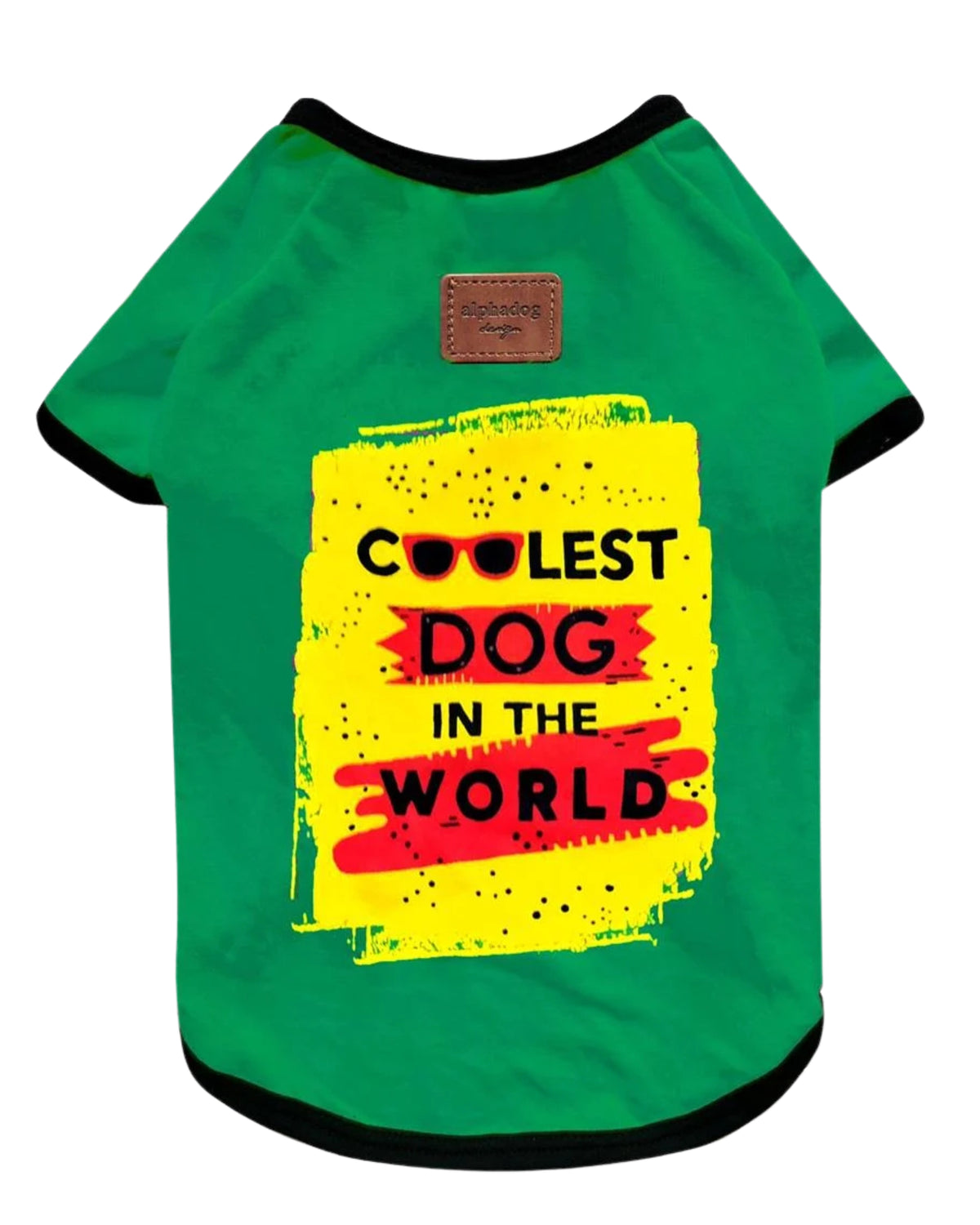 Alphadog Cool Green köpek tişörtü — yeşil, "Coolest Dog In The World" grafiti baskılı