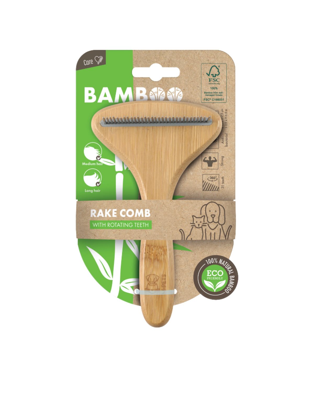 Bamboo Döner Dişli Tırmık Tarak 31 Dişli M-Pets BAMBOO Rake Comb with Rotating Teeth 31 Teeth