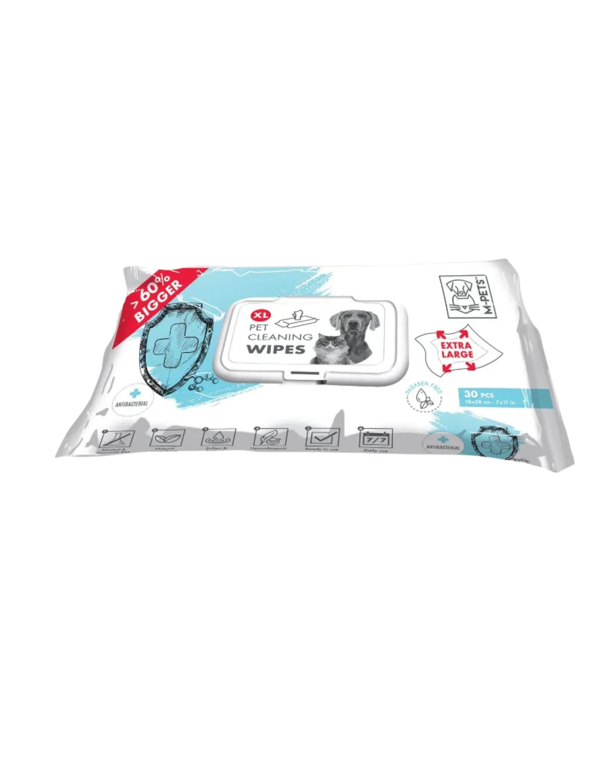Bambu Özlü Kedi ve Köpek Temizleme Mendili XL 28x18 cm 30'lu M-Pets Bamboo Pet Wipes XL