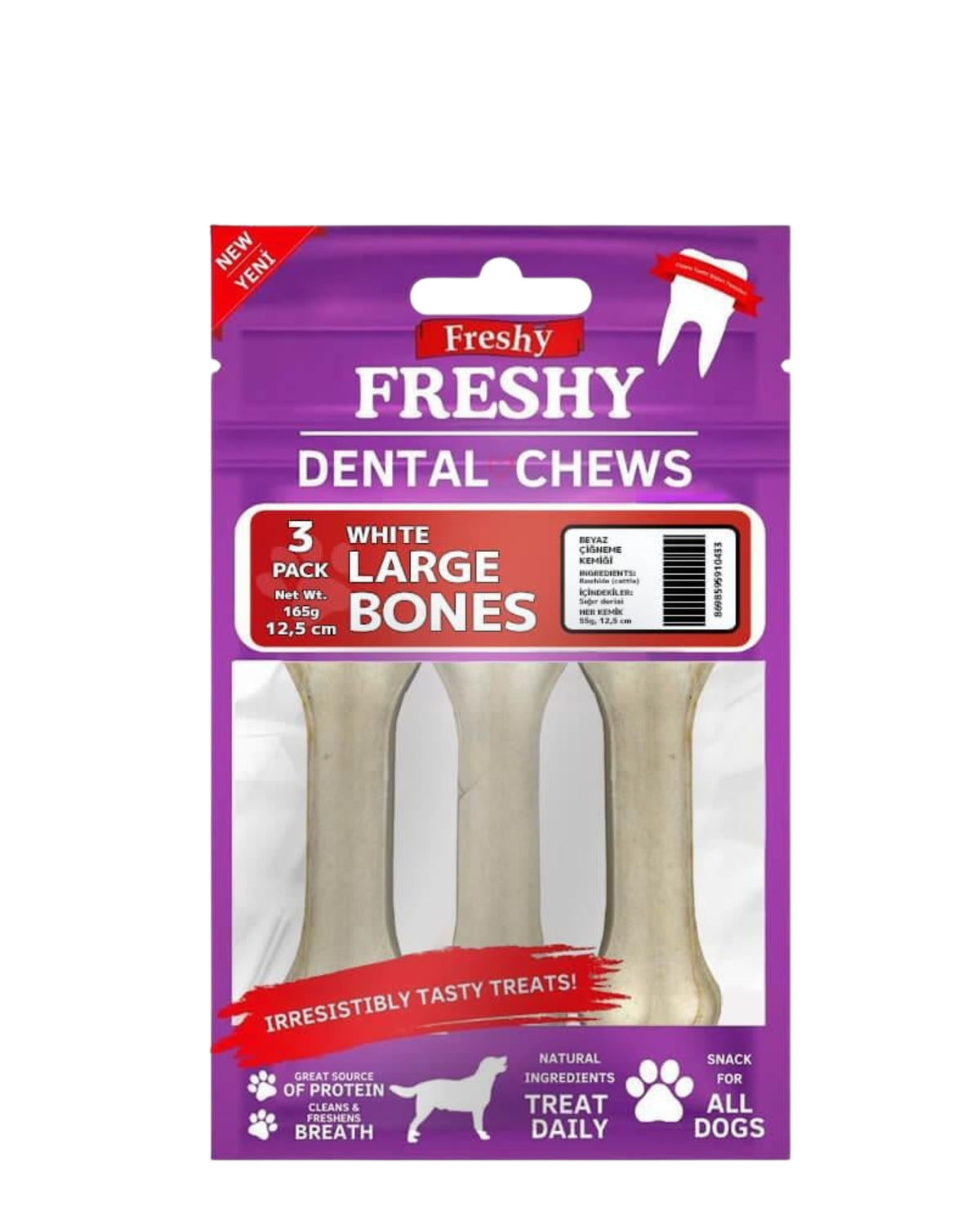 Beyaz Pres Deri Çiğneme Kemiği Köpek Ödülü Freshy White Large Bones 12,5 cm 3'lü