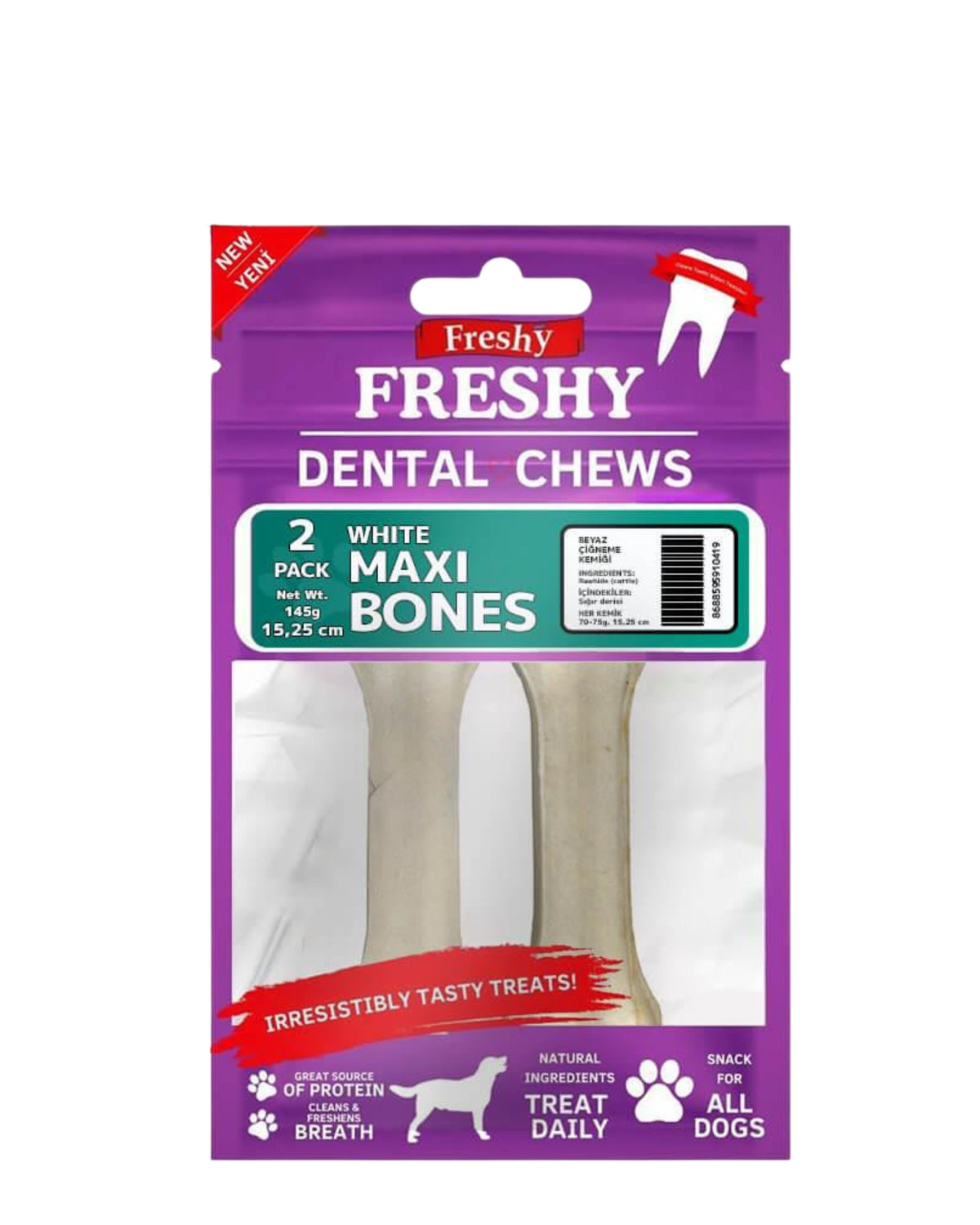 Beyaz Pres Deri Çiğneme Kemiği Köpek Ödülü Freshy White Maxi Bones 15 cm 2'li