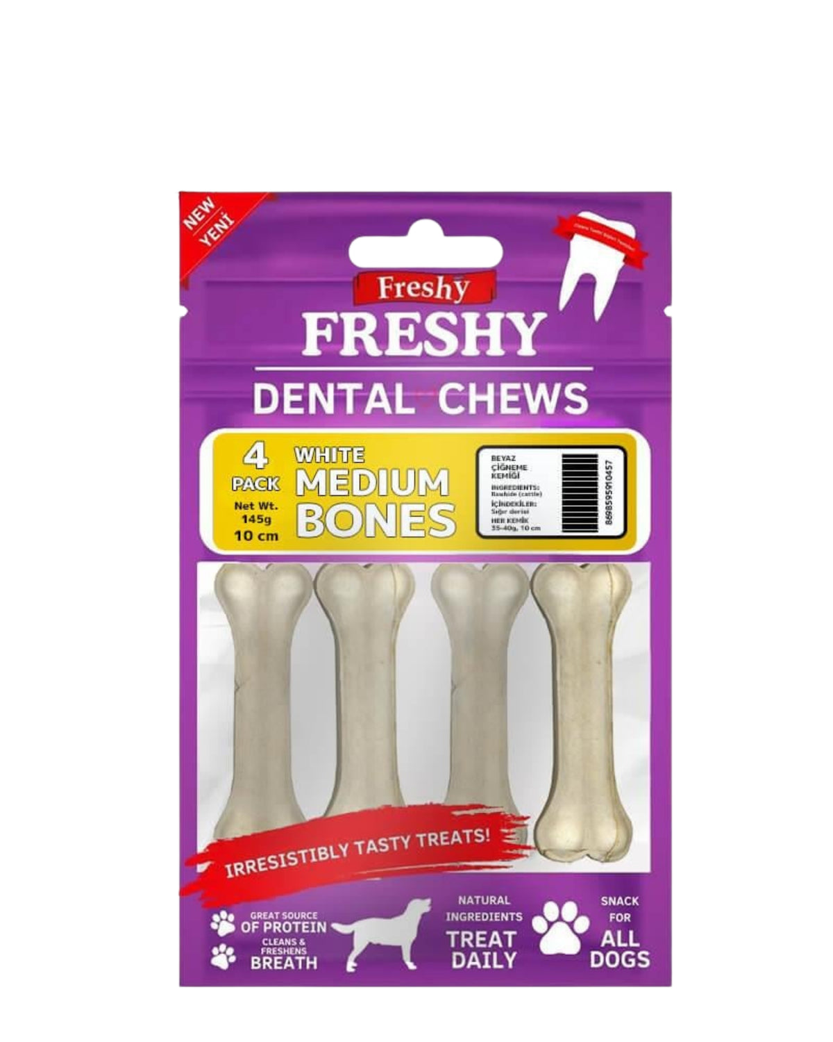 Beyaz Pres Deri Çiğneme Kemiği Köpek Ödülü Freshy White Medium Bones 10 cm 4'lü
