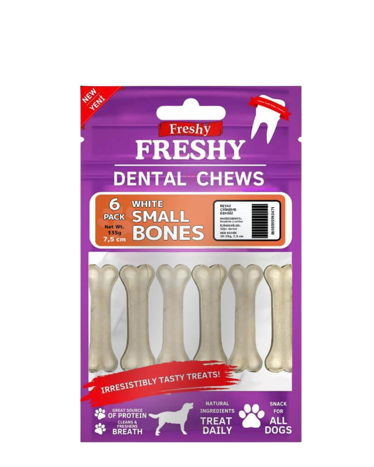 Beyaz Pres Deri Çiğneme Kemiği Köpek Ödülü Freshy White Small Bones 7,5 cm 6'lı