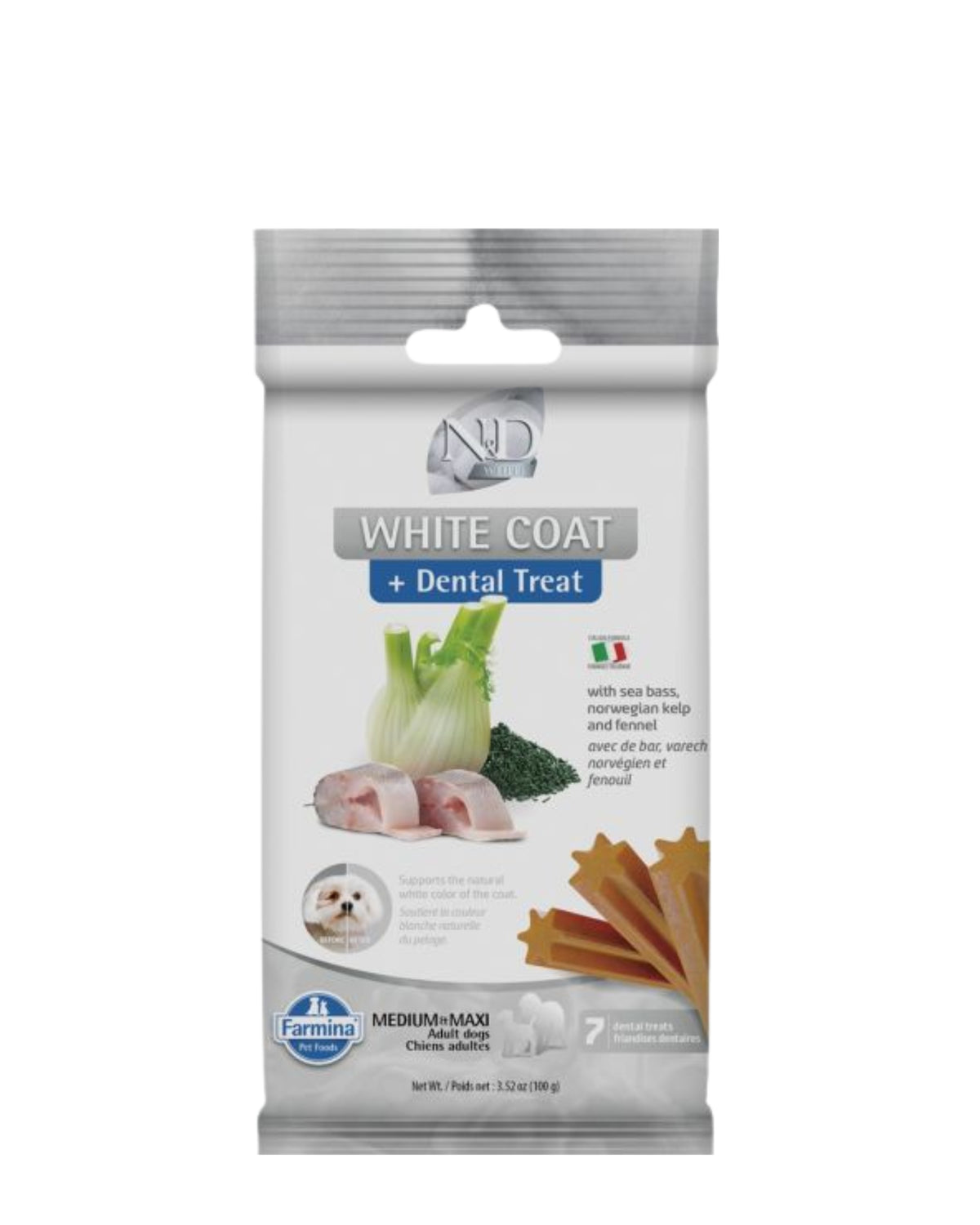 Beyaz Tüylü Küçük Irk Köpekler İçin Levrek Spirulina ve Rezeneli Diş Bakım Ödülü N&D White Dental Treat Sea Bass