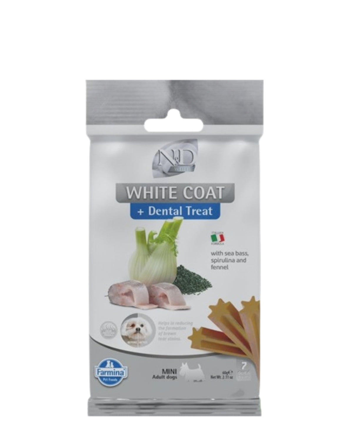 Beyaz Tüylü Küçük Irk Köpekler İçin Levrek Spirulina ve Rezeneli Diş Bakım Ödülü N&D White Dental Treat Sea Bass