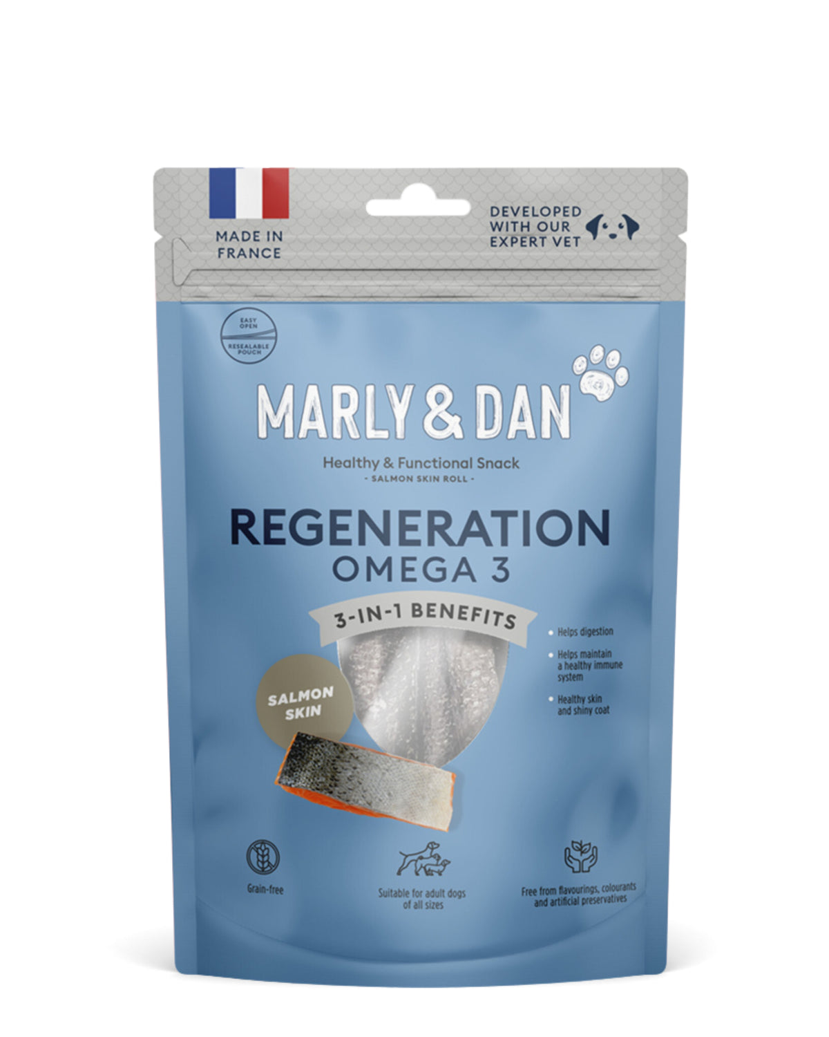 Deri ve Tüy Sağlığı İçin Kurutulmuş Somon Derisi Köpek Ödülü Marly&Dan Salmon Skin Regeneration Omega-3