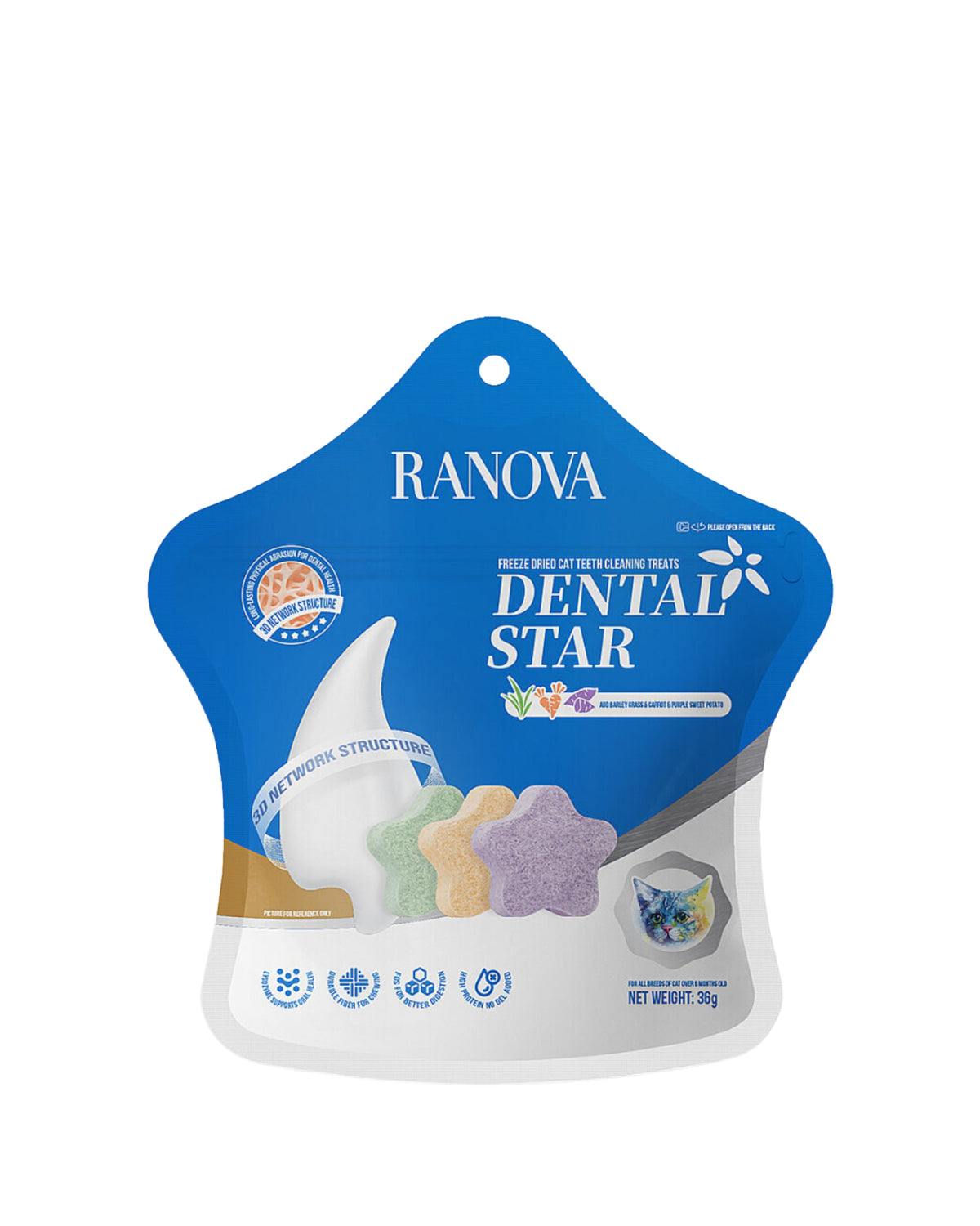 Diş Bakımı İçin Dondurularak Kurutulmuş Yıldız Kedi Ödülü Ranova Dental Star Karışık, 36 g