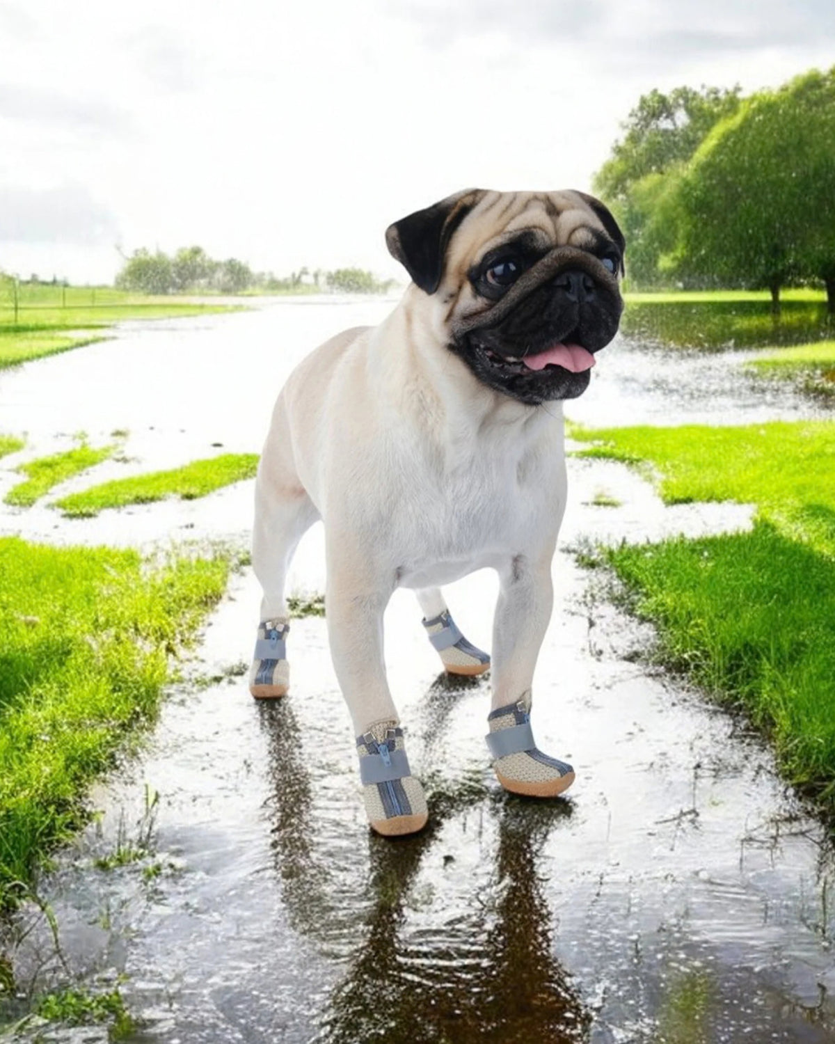 Fermuarlı File Yazlık Köpek Ayakkabısı Bej Paw Prints Mesh Summer Dog Shoes