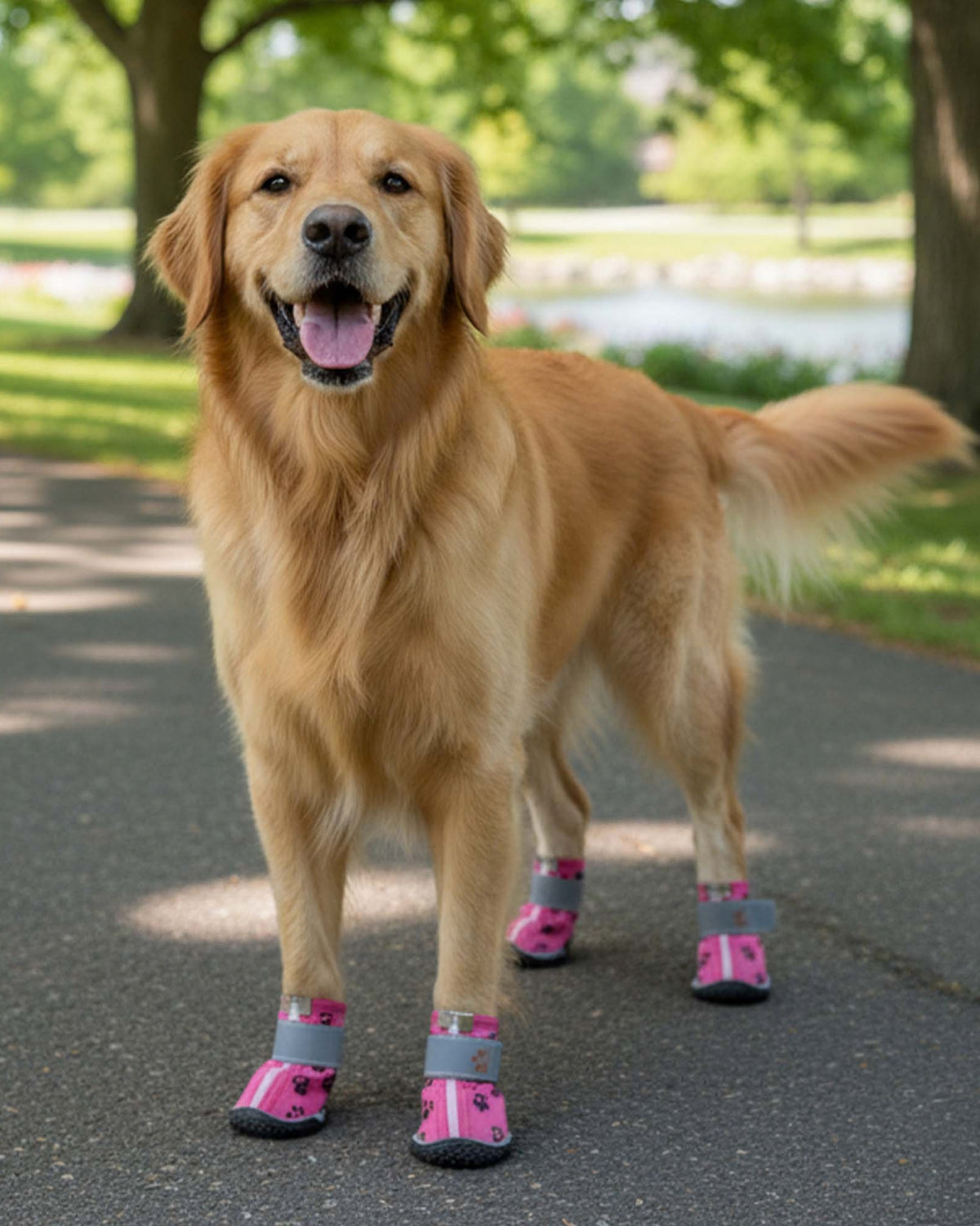 Fermuarlı Su Geçirmez Pembe Deri Köpek Botu Paw Prints Leather Dog Boots