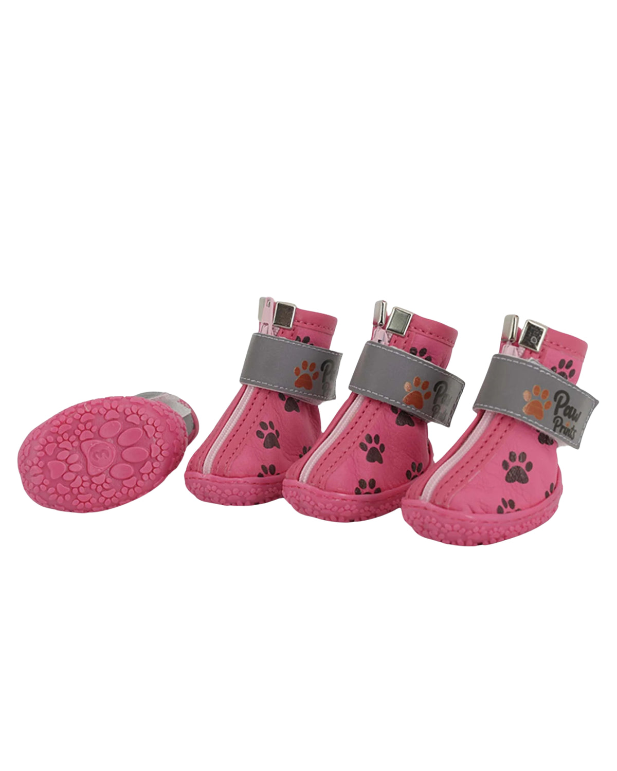 Fermuarlı Su Geçirmez Pembe Deri Köpek Botu Paw Prints Leather Dog Boots