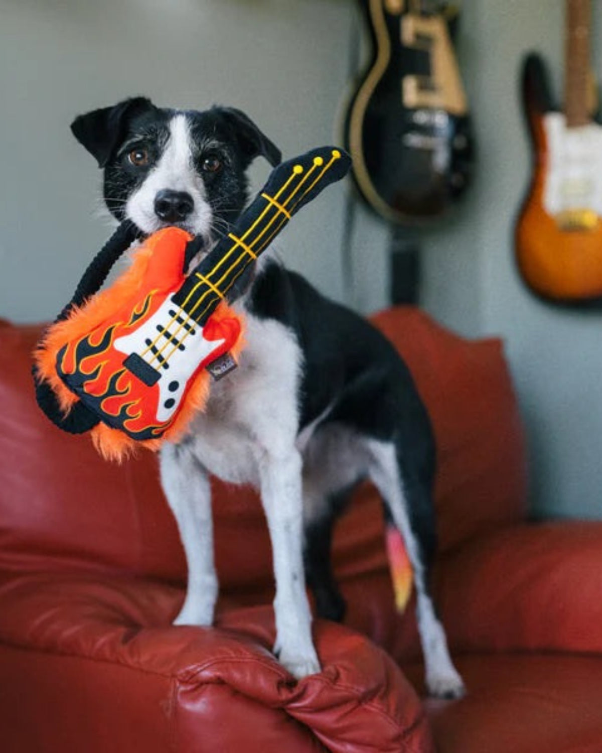Elektro Gitar Figürlü Bungee Askılı Hışırtılı Sesli Turuncu Peluş Köpek Oyuncağı P.L.A.Y. 90s Classics Rock ‘n Rollover