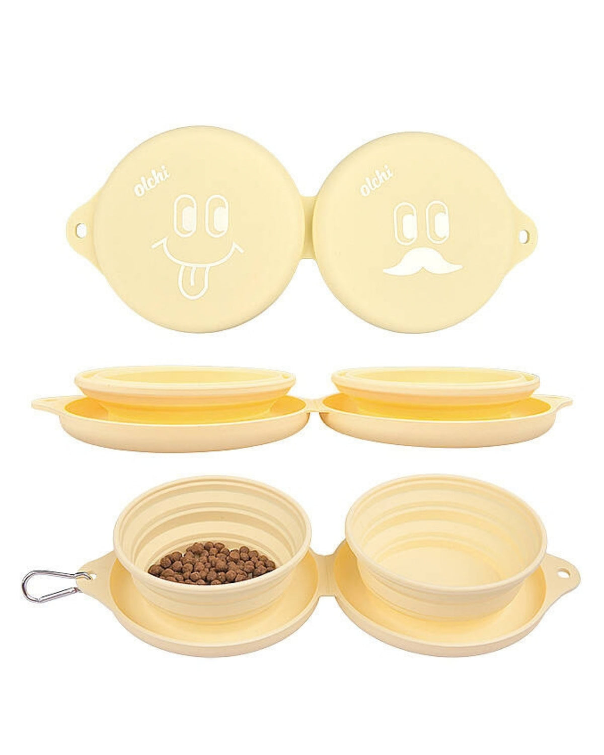 Katlanabilir Çift Hazneli Sarı Silikon Köpek Seyahat Kabı Olchi Smile Dual Bowl