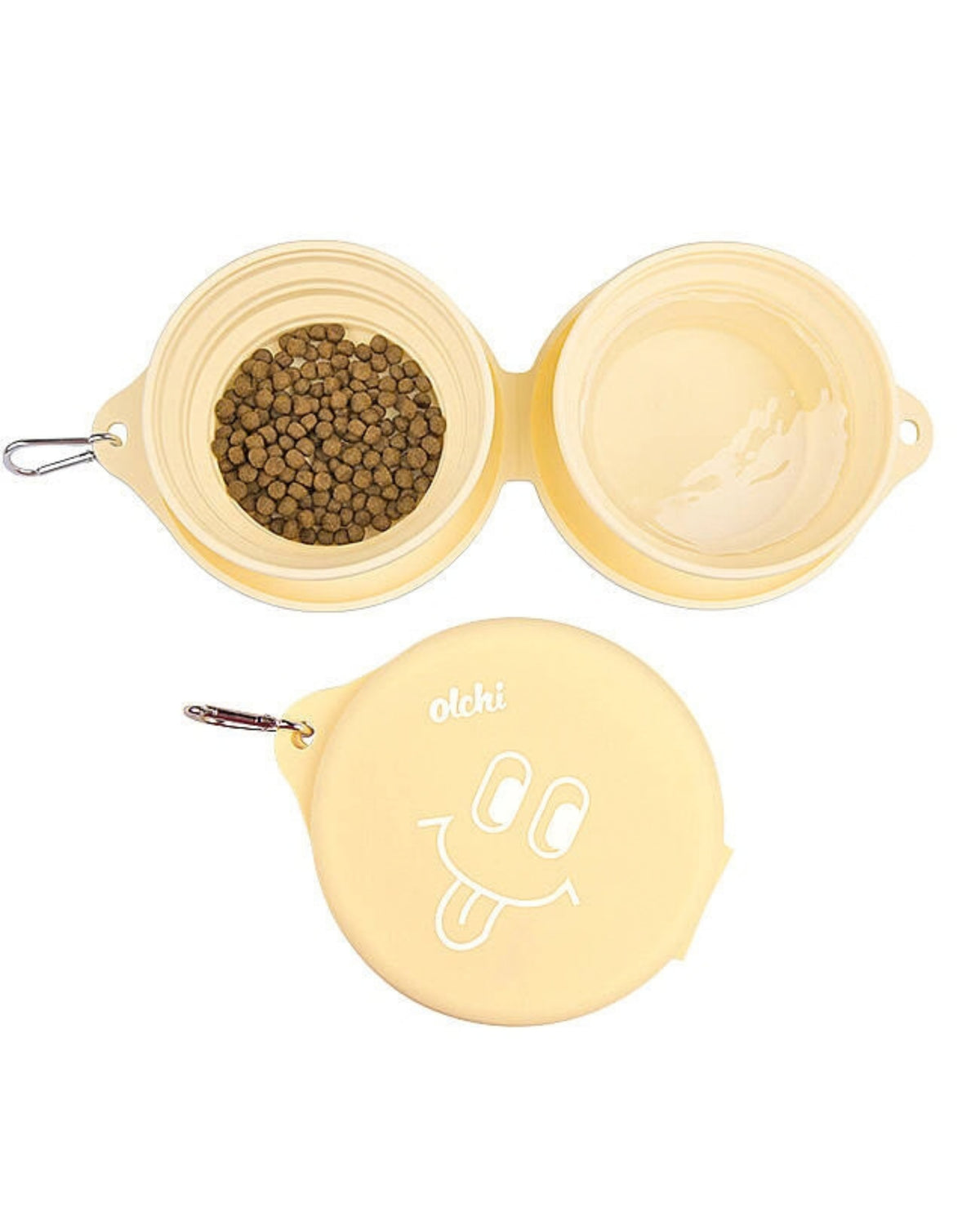 Katlanabilir Çift Hazneli Sarı Silikon Köpek Seyahat Kabı Olchi Smile Dual Bowl