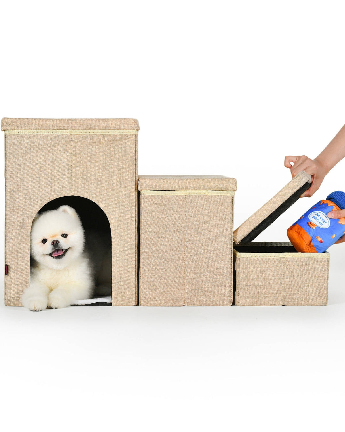 Kulübeli ve Saklama Kutulu Katlanabilir Bej Köpek Merdiveni Puppia CuddleClimb Storage Stairs
