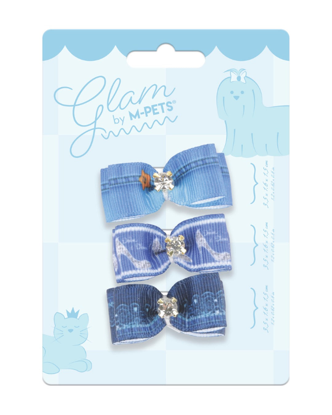 Desenli Fiyonk Tüy Lastiği 3'lü Mavi Kedi ve Küçük Köpek M-Pets GLAM Rubber Band Blue
