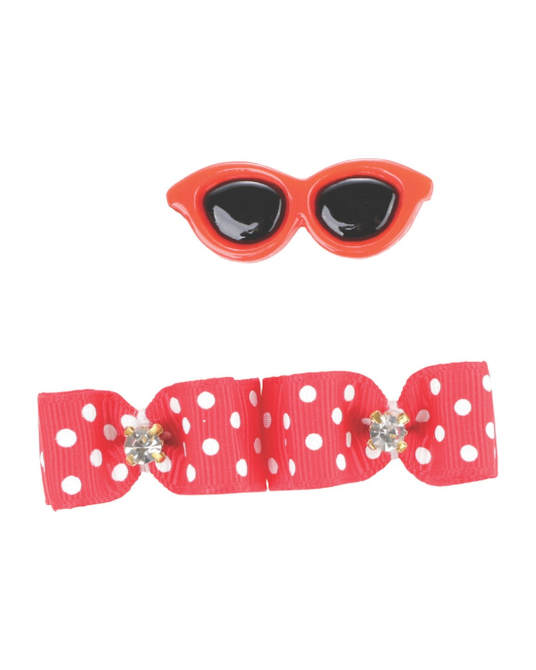 Güneş Gözlüğü Toka ve Taşlı Fiyonk Lastik Seti Kırmızı Puantiyeli Kedi ve Küçük Köpek M-Pets GLAM Clip & Rubber Band