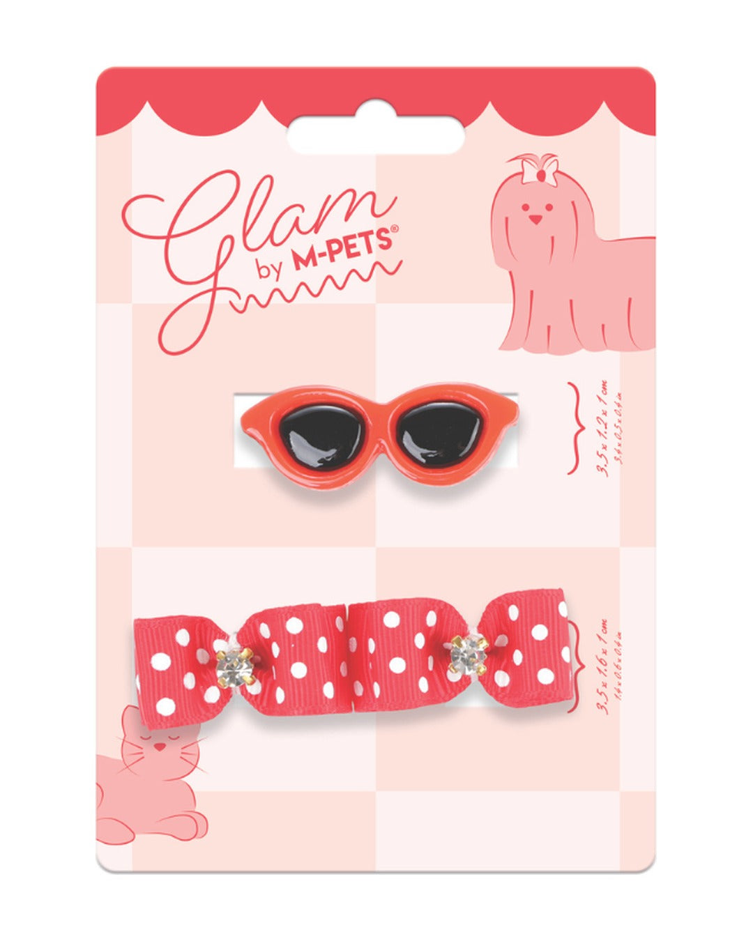 Güneş Gözlüğü Toka ve Taşlı Fiyonk Lastik Seti Kırmızı Puantiyeli Kedi ve Küçük Köpek M-Pets GLAM Clip & Rubber Band