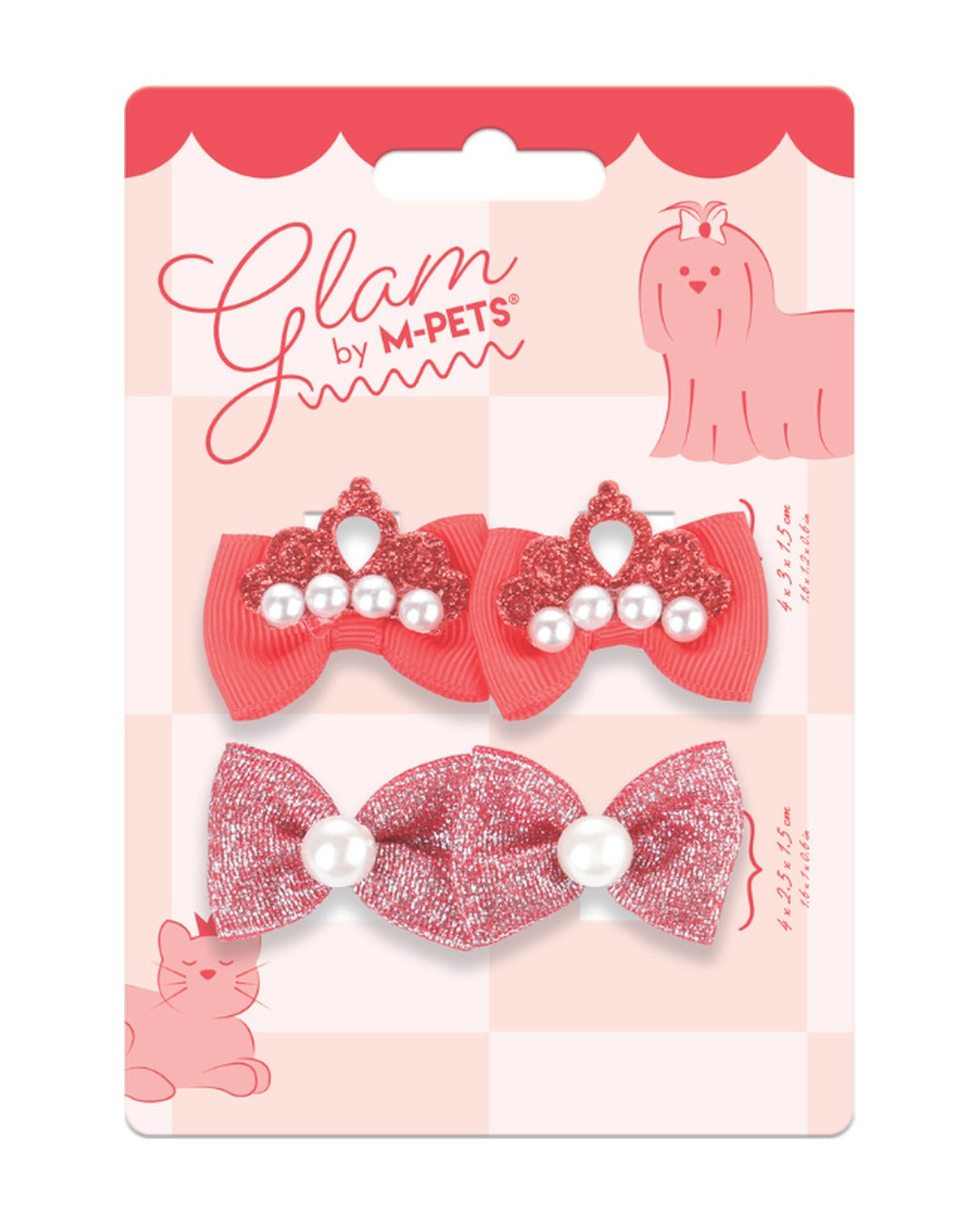 Taç ve Simli Fiyonk Tüy Lastiği 4'lü Kırmızı Kedi ve Küçük Köpek M-Pets GLAM Rubber Band Red
