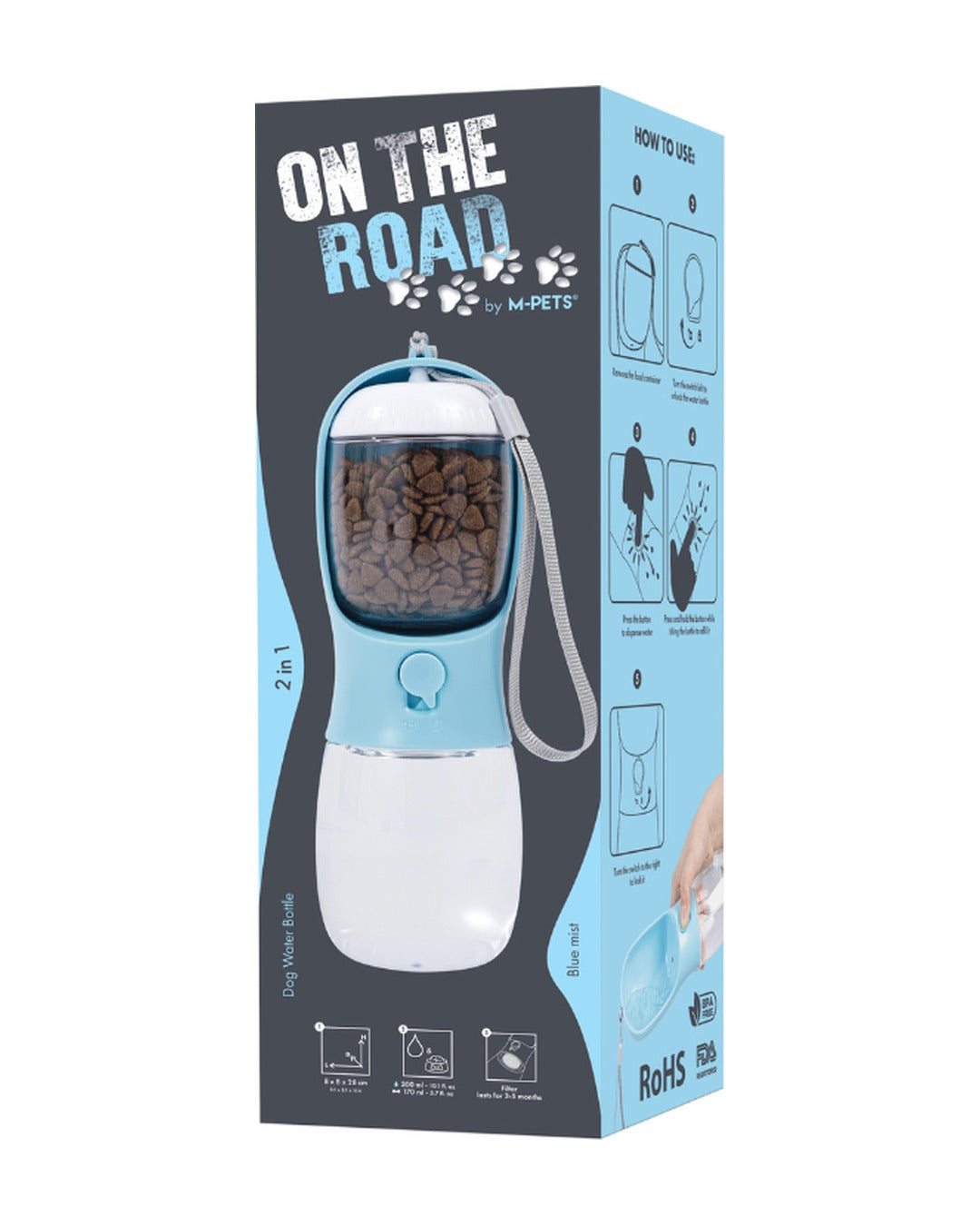 Köpek Seyahat Suluğu 300 ml Mama Bölmeli 2'si 1 Arada Açık Mavi M-Pets On the Road Blue Mist