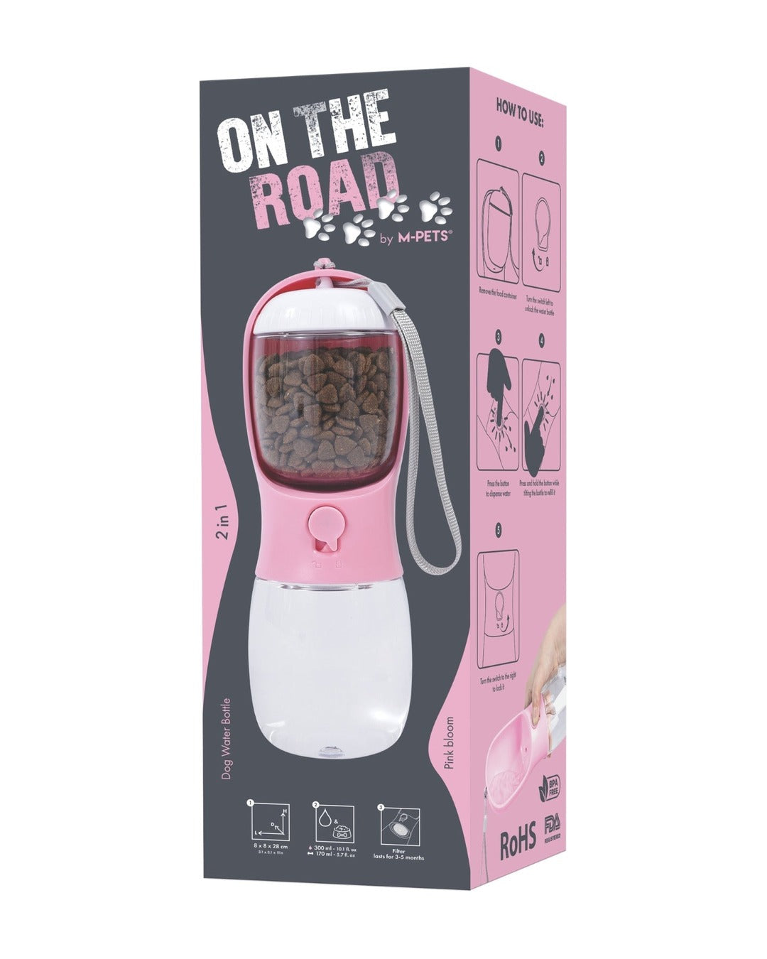 Köpek Seyahat Suluğu 300 ml Mama Bölmeli 2'si 1 Arada Pembe M-Pets On the Road Pink Bloom