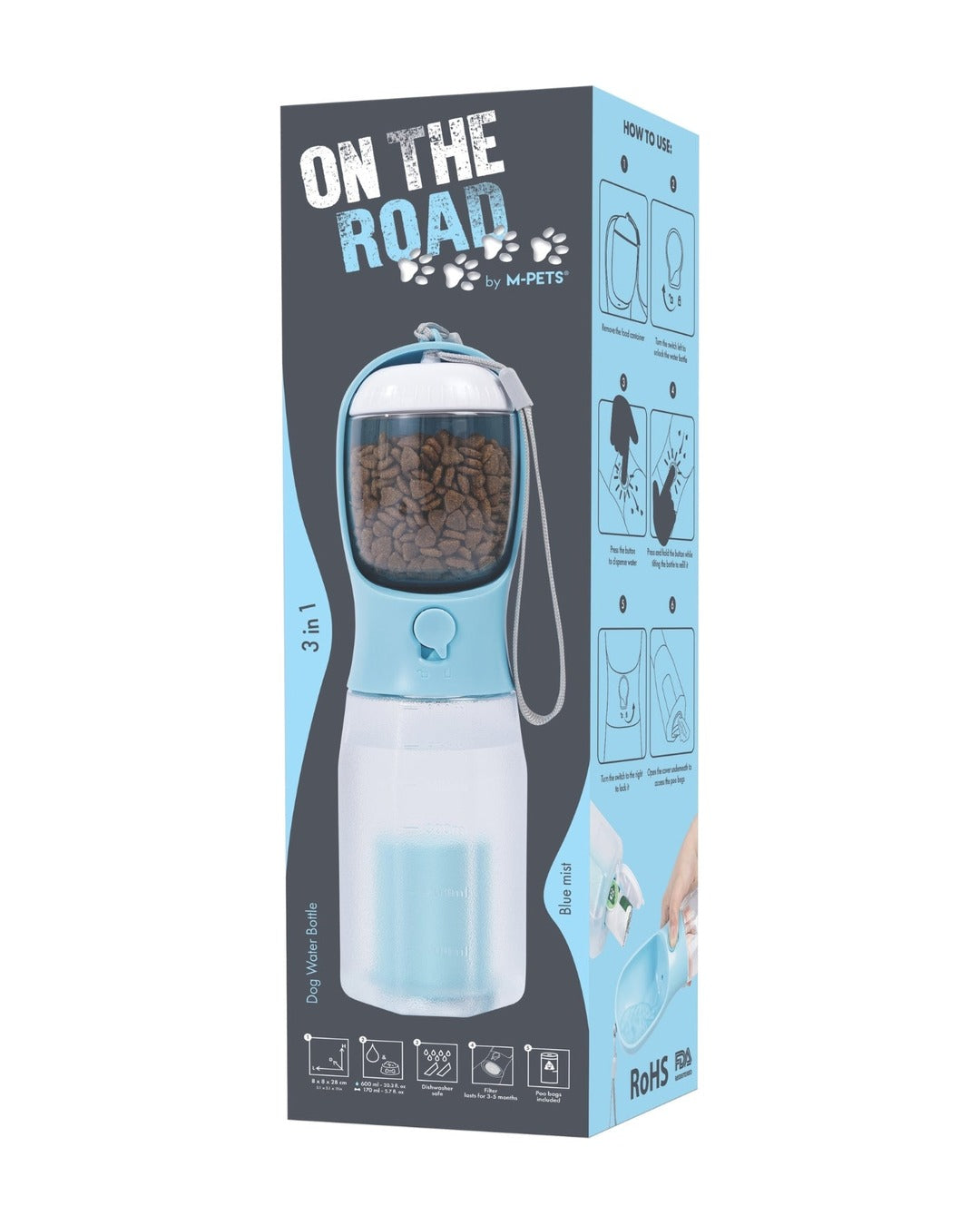 Köpek Seyahat Suluğu 600 ml Mama ve Poşet Bölmeli 3'ü 1 Arada Mavi M-Pets On the Road Blue Mist