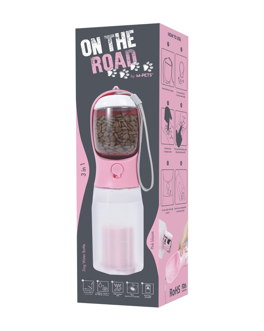 Köpek Seyahat Suluğu 600 ml Mama ve Poşet Bölmeli 3'ü 1 Arada Pembe M-Pets On the Road Pink Bloom