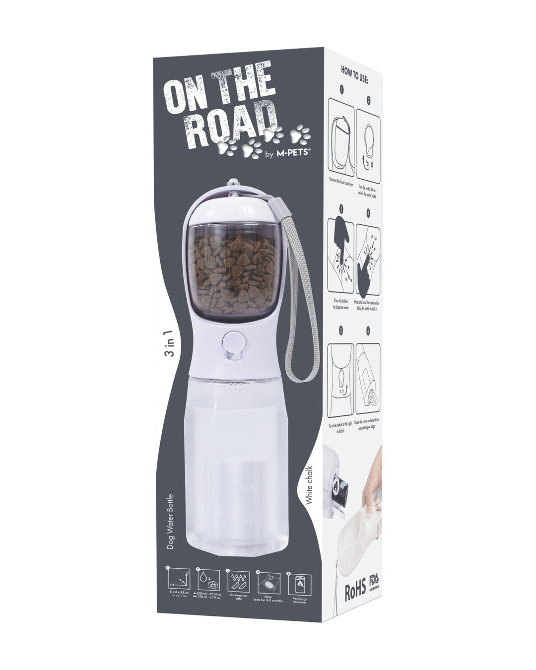 Köpek Seyahat Suluğu 600 ml Mama ve Poşet Bölmeli 3'ü 1 Arada Beyaz M-Pets On the Road White Chalk