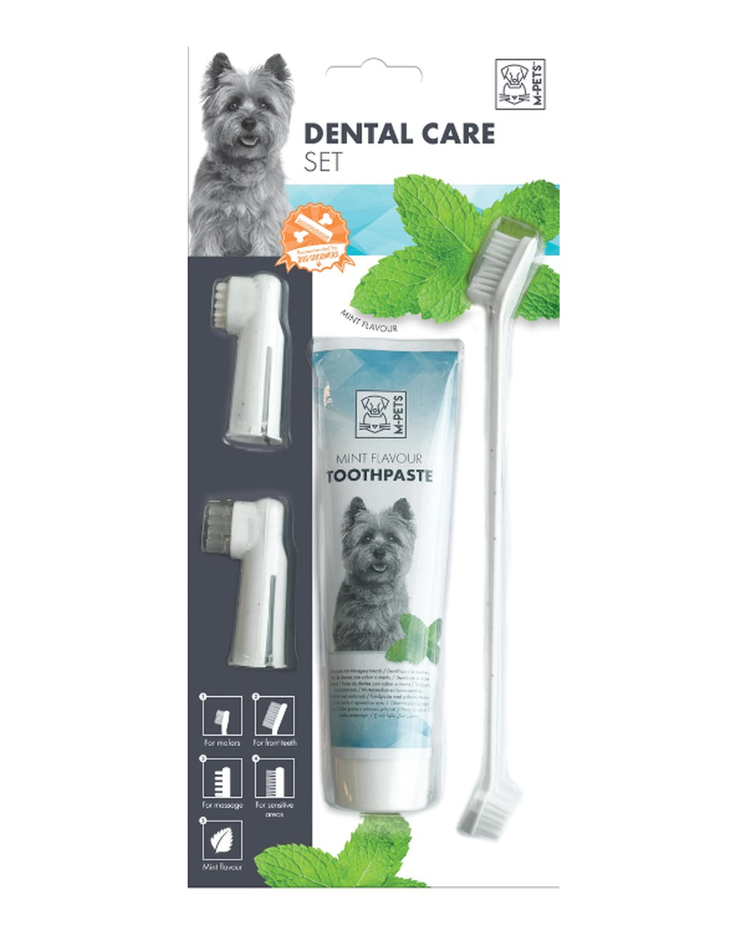 Köpek Diş Bakım Seti Naneli Diş Macunu Çift Başlı Diş Fırçası ve Parmak Fırçaları M-Pets Dental Care Set Mint Flavour