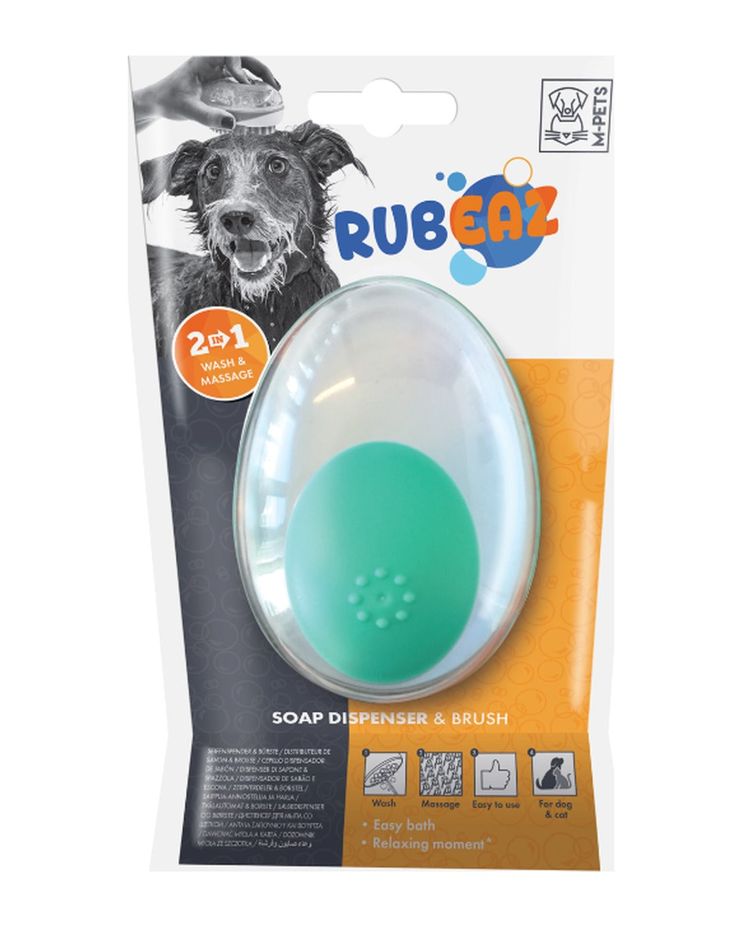 Şampuan Hazneli Banyo ve Masaj Fırçası Yeşil Kedi ve Köpek M-Pets Rubeaz Soap Dispenser and Brush Green
