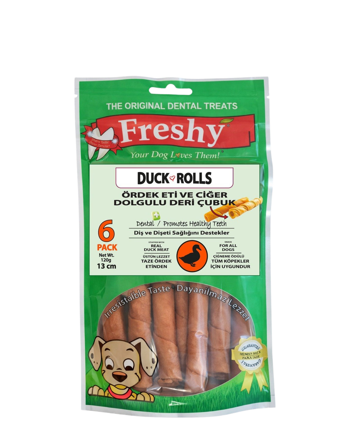Ördek Eti ve Ciğer Dolgulu Deri Çubuk Köpek Ödülü Freshy Duck Rolls 13 cm 6'lı