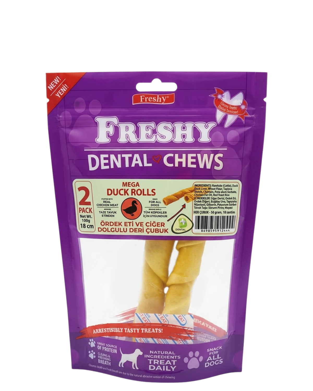 Ördek Eti ve Ciğer Dolgulu Deri Çubuk Köpek Ödülü Freshy Mega Duck Rolls 2'li