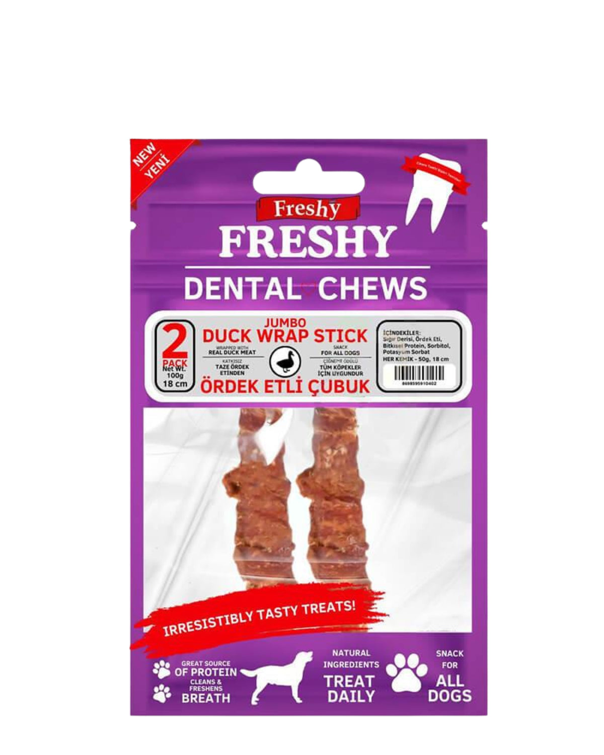 Ördek Etiyle Sarılı Jumbo Çiğneme Çubuğu Köpek Ödülü Freshy Dental Chews Duck Wrap Stick 2 Adet 18 cm