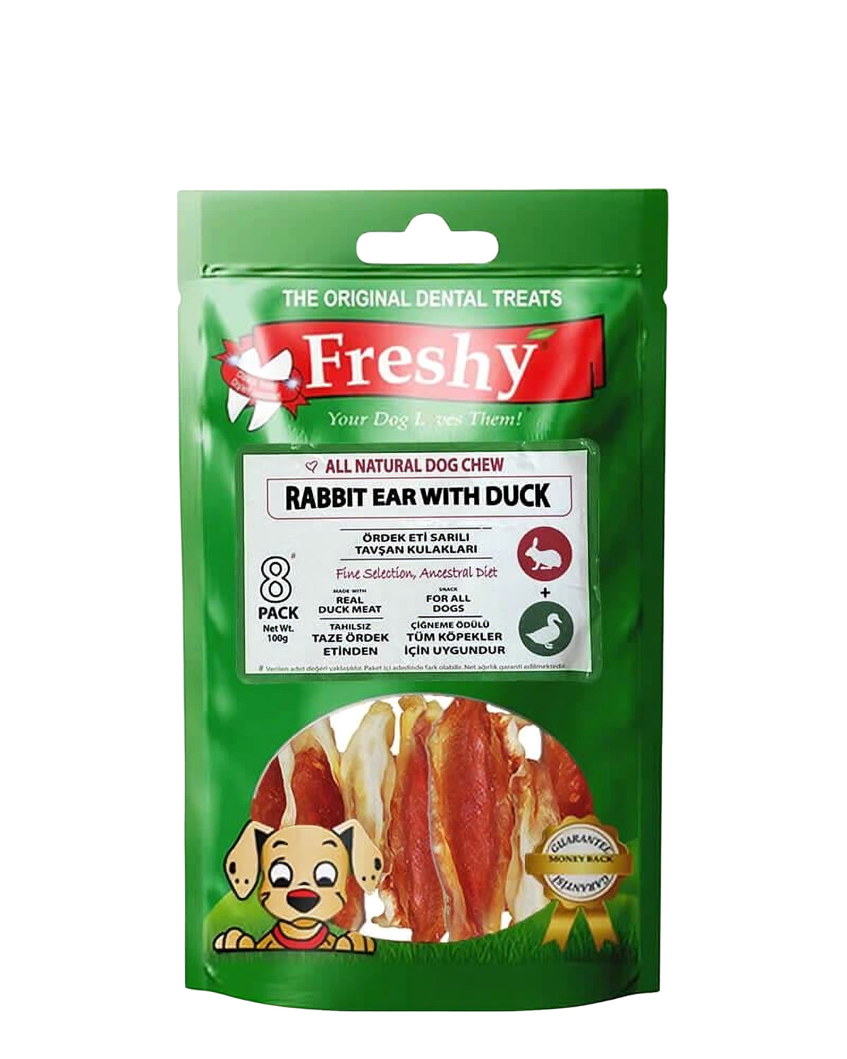 Ördek Etiyle Sarılı Tavşan Kulağı Doğal Çiğneme Köpek Ödülü Freshy Rabbit Ear with Duck 8 Adet