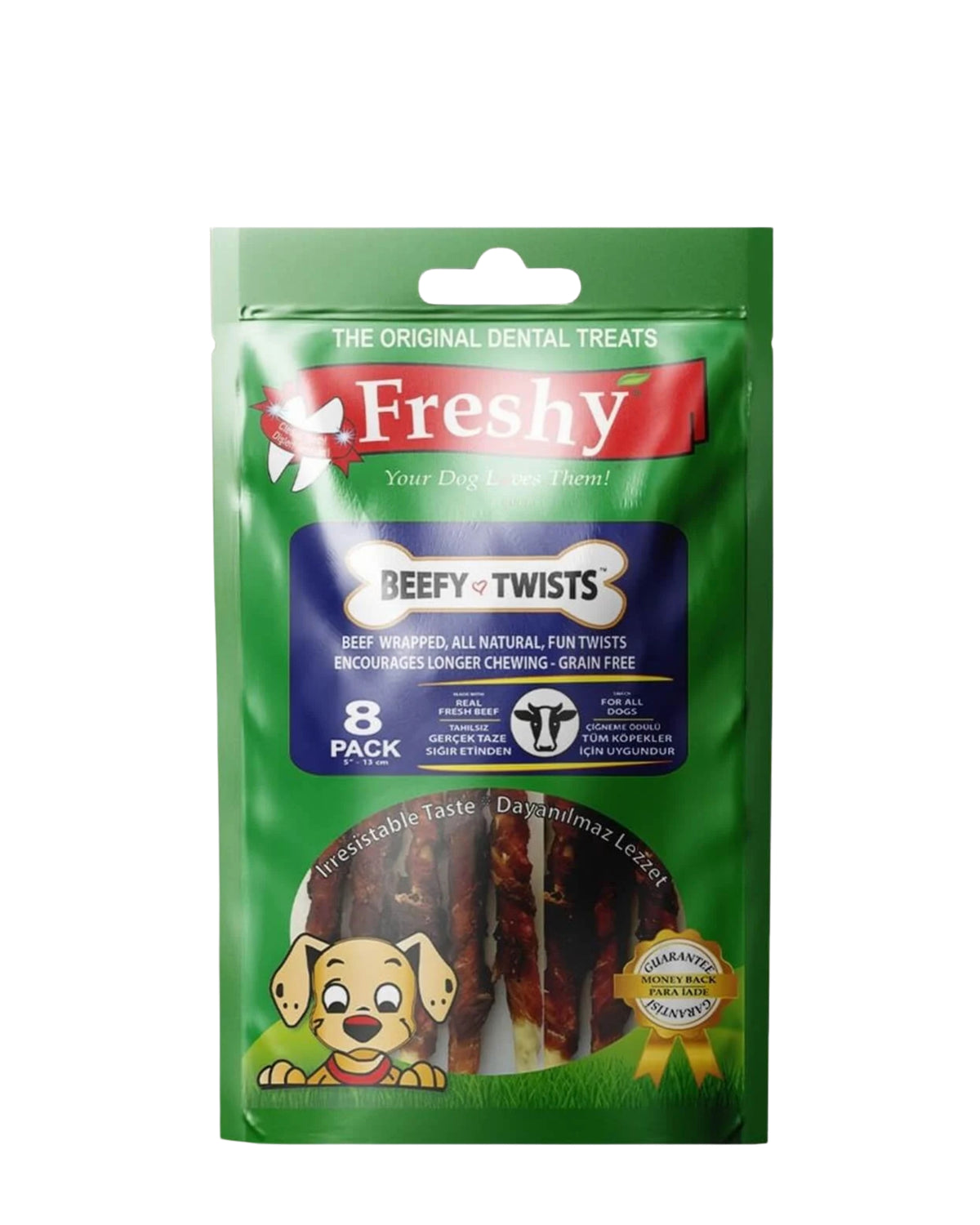 Sığır Etiyle Sarılı Burgu Çiğneme Çubuğu Köpek Ödülü Freshy Beefy Twists 8 Adet
