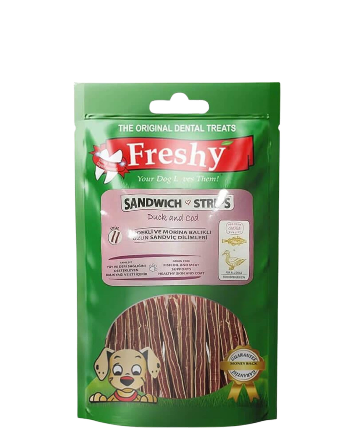 Tahılsız Ördek ve Morina Balıklı Sandviç Şerit Köpek Ödülü Freshy Sandwich Strips 80g