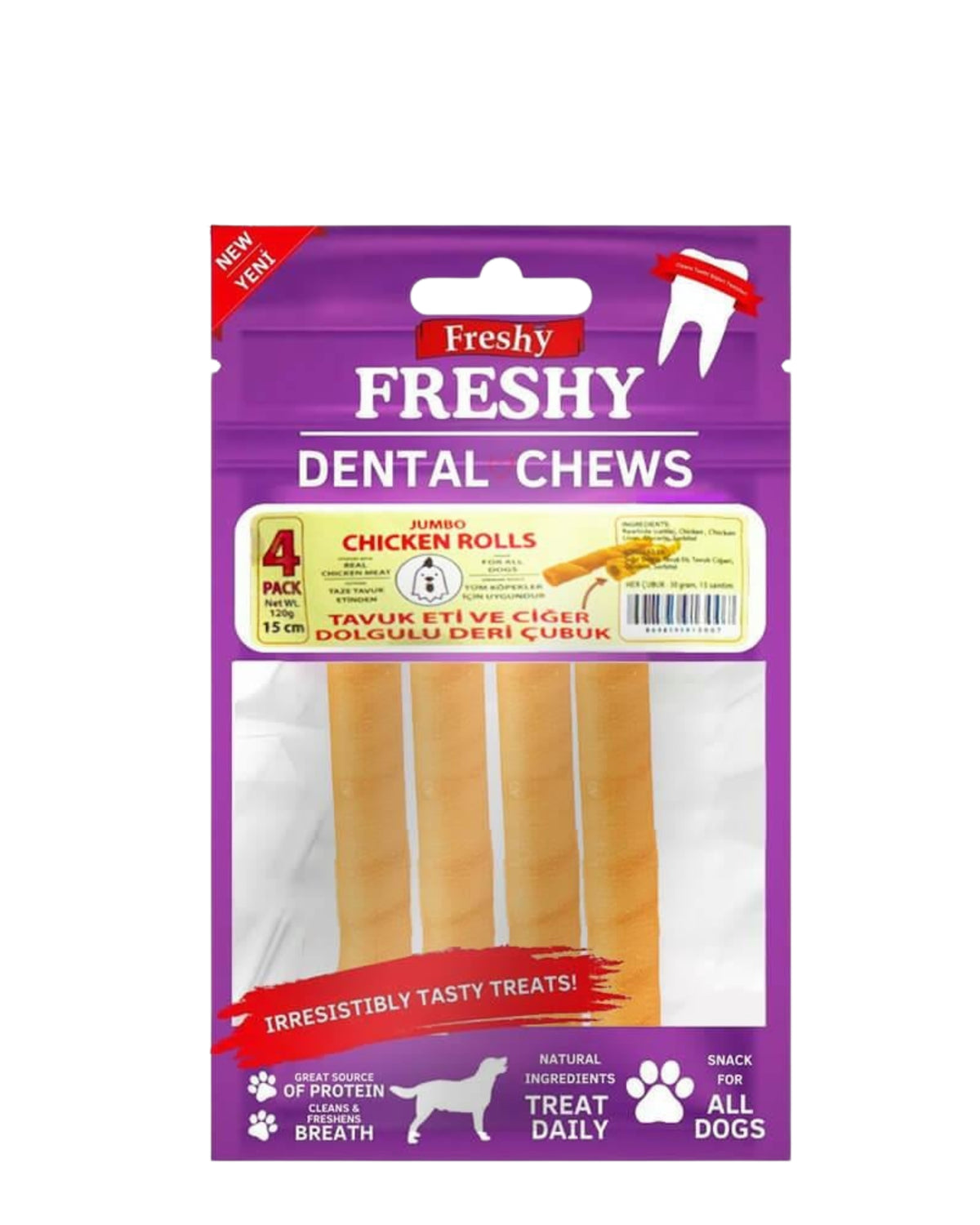 Tavuk Eti ve Ciğer Dolgulu Deri Çubuk Köpek Ödülü Freshy Jumbo Chicken Rolls 4'lü