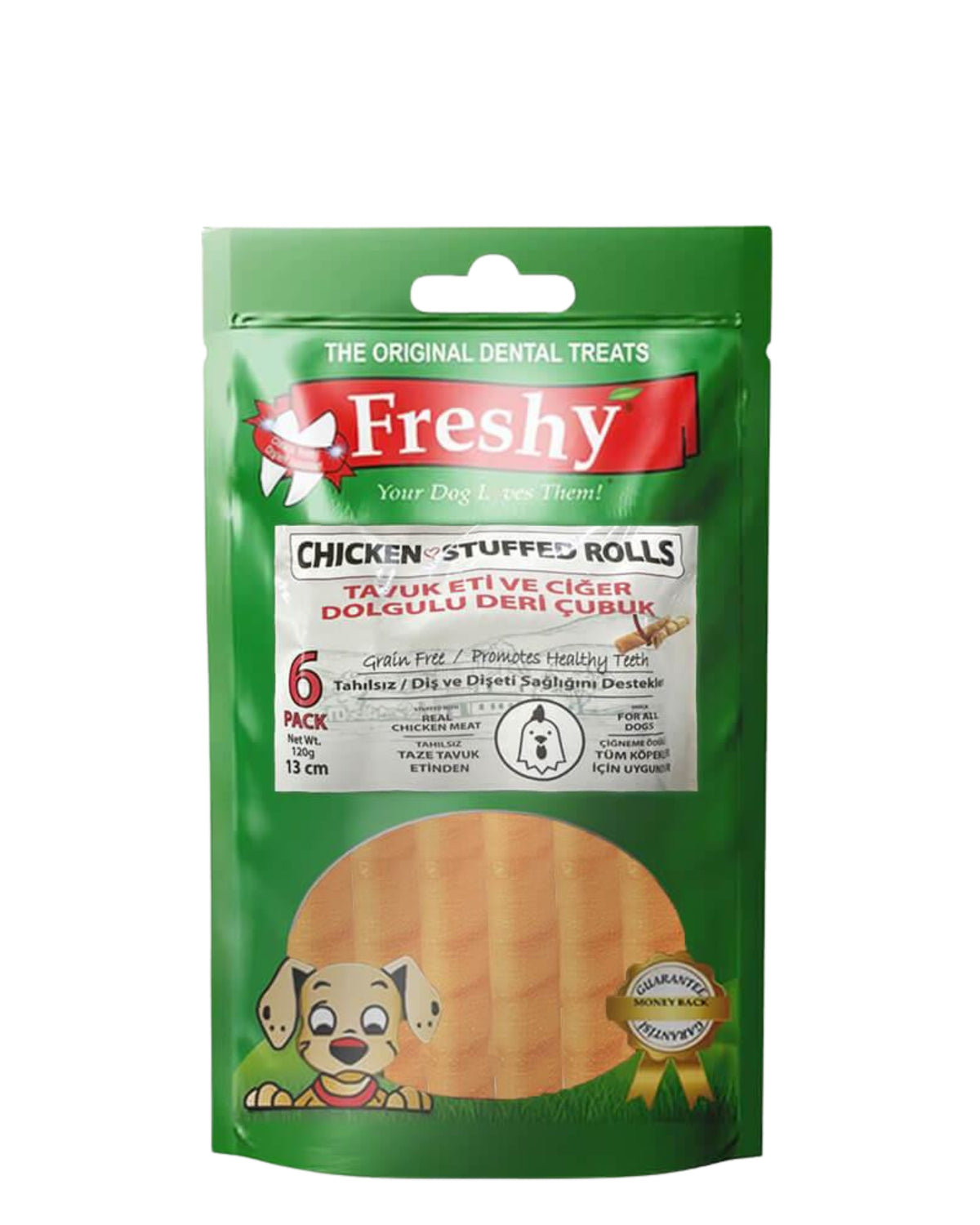 Tavuk Eti ve Ciğer Dolgulu Tahılsız Deri Çubuk Köpek Ödülü Freshy Chicken Stuffed Rolls 13 cm 6'lı