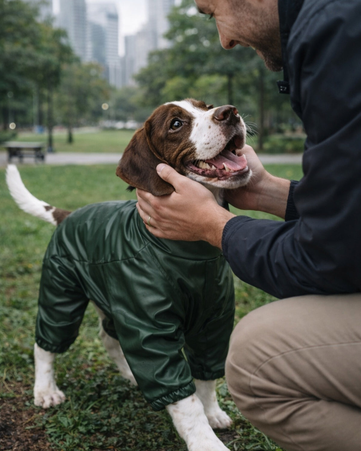 Deri Görünümlü Yeşil 4 Bacaklı Köpek Yağmurluk Tulum Alphadog Coverall Leather