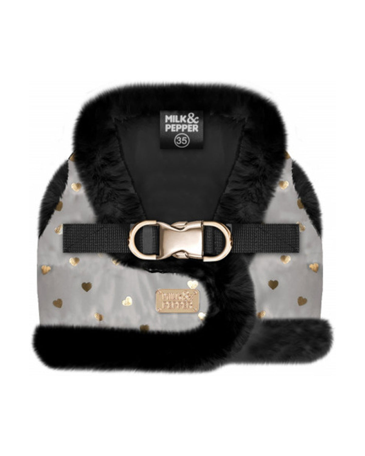 Kalp Desenli Kürk Astarlı Köpek Göğüs Tasması Milk&Pepper Hikari Harness Gri
