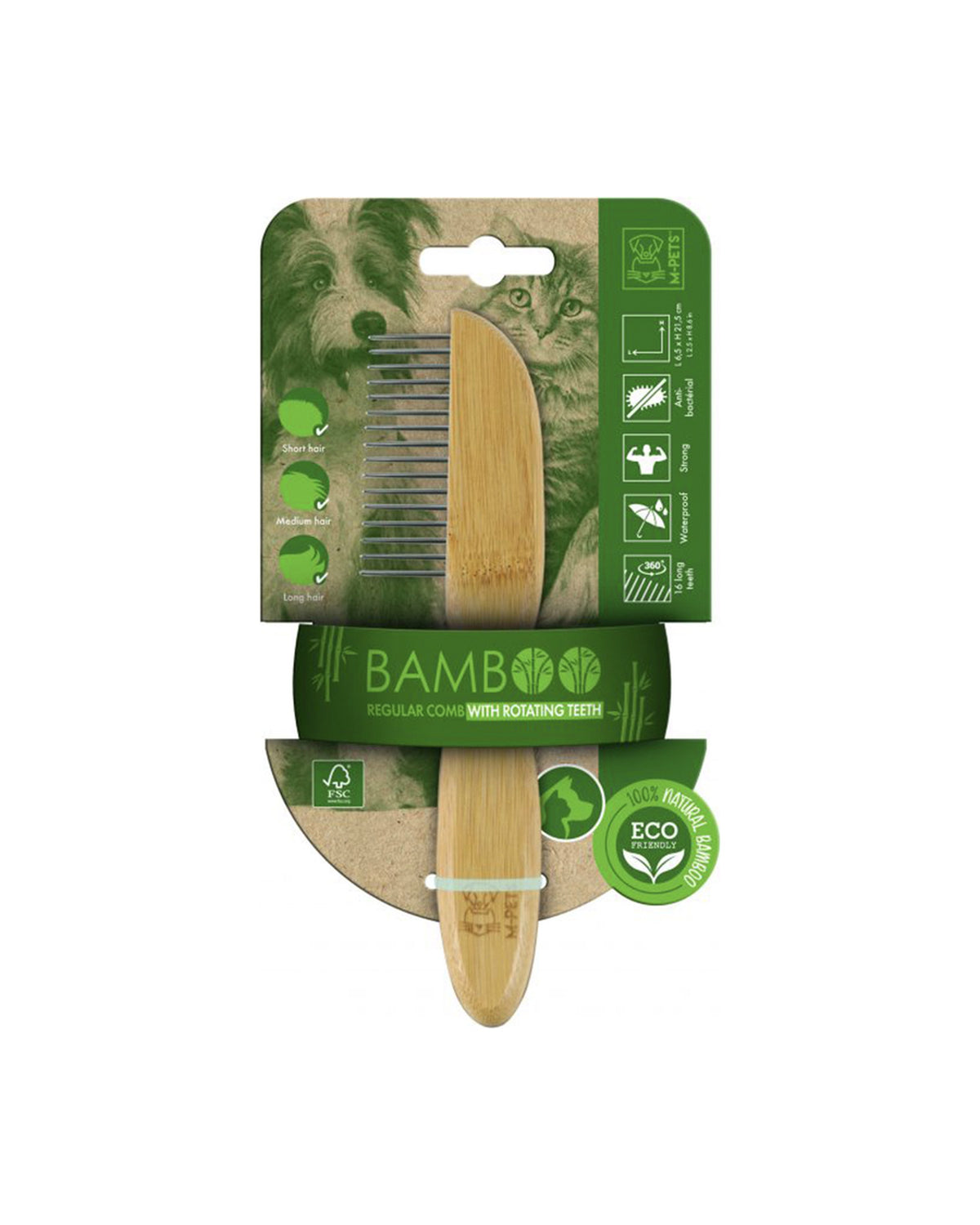 Bambu Saplı Dönen Dişli Kedi ve Köpek Tarağı M-Pets Bamboo Regular Comb 16 Diş