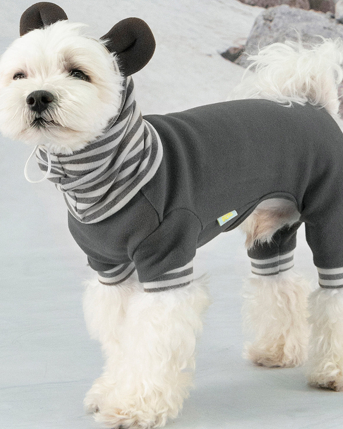 Kulaklı Kapüşonlu Çizgili Boğazlı Köpek Tulumu Olchi Ears Hoodie Coverall Gri