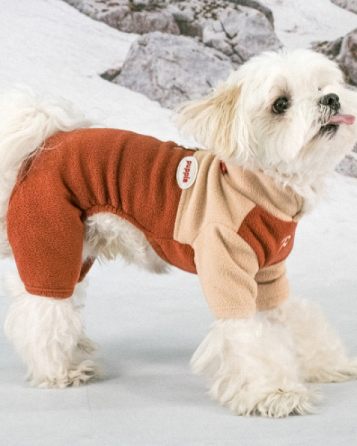 Tasma Halkalı Bej Tarçın Polar Köpek Tulumu Puppia Alpine Fleece Suit